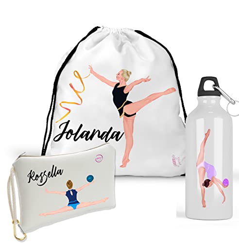 Zaino borraccia pochette coordinati personalizzati per atleta ginnastica ritmica artistica con nome ginnasta sacca allenamento portascarpe ragazza