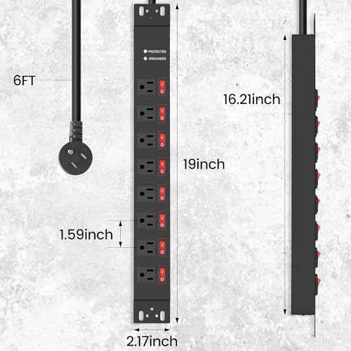 Jgstkcity Rack Mount PDU Power Strips,8 Outlet Surge Protector,Individual Switches,1.5U Rackmount Server Racks,14AWG Heavy Duty Extension Cord,2700J,15A 125V 1875W (Standard Power Cord, 6 FT Cable)