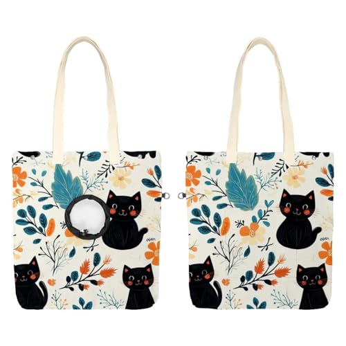 Bolsa de transporte para mascotas con diseño de gatos negros y flores 2