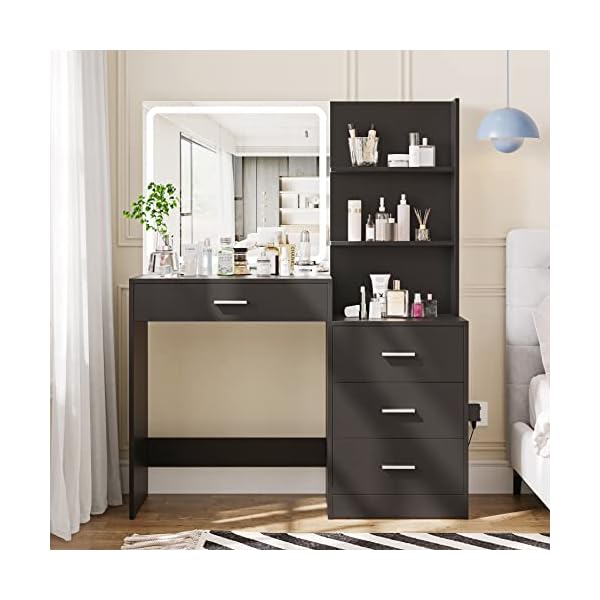 Rovaurx Makeup Vanity with 3-Color Dimmable Lighted Mirror, Large Vanity Table with Side Storage Shelf & 4 Drawers, Bedroom Dressing Desk, Brightness Adjustable, Black RSZT107B