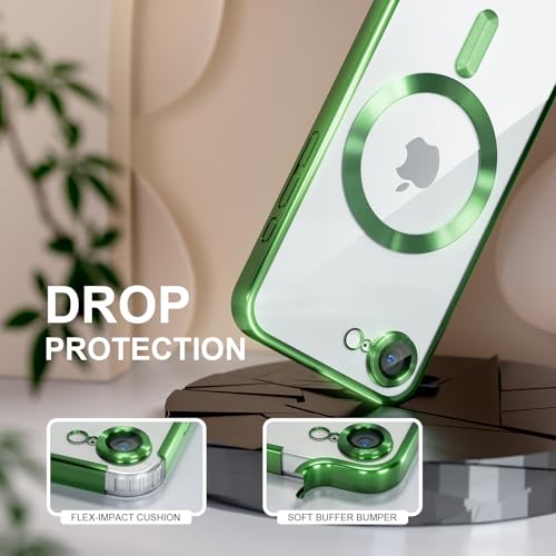 Image of Misea Magnetic for iPhone 17e / 16e Case Compatible with MagSafe Green | [Never Yellowing] [Military Drop Protection] Full Camera Lens Protector Plating Soft Clear Phone Case for Women, Green