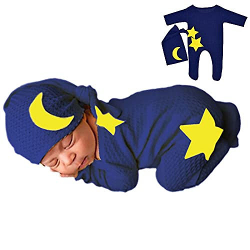 Winmany Trajes de fotografía de punto de ganchillo para bebé, 2 piezas recién nacidos foto Prop mameluco sombreros traje accesorios para bebés (azul marino)