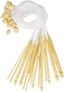 Curtzy Bamboo Wood Crochet Hooks with Plastic Cable (16 Pairs) - 2-12mm Sizes - Tunisian Hook Needles Set with Bead Ends - for Knitting Yarn, Weave Craft and Crocheting Projects