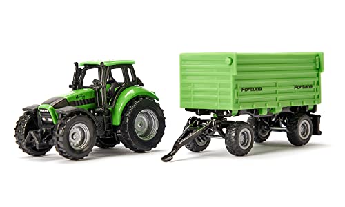 siku 1606, DEUTZ-FAHR-Traktor mit Fortuna 2-Achs Anhänger, Spielzeug, Metall/Kunststoff, Grün, Abnehmbare Kabine, Kippbare Mulde, mit gummierten Leichtlaufrädern, Anhängerkupplung