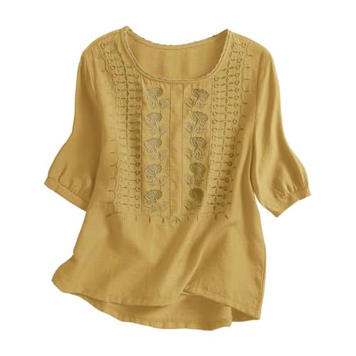 Kistore Women's Embroidered Blouses 2026 Short Sleeve Lace Trim Crew Neck Trendy Casual Tops Pullover Shirts