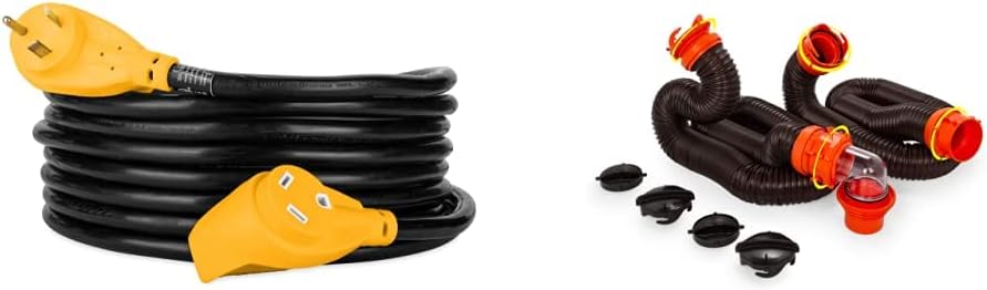 Camco PowerGrip RV Extension Cord | Features Power Grip Handles and an Extremely Flexible Design | 30-Amp, 10-Gauge, 25 Feet (55191) & 20' (39742) RhinoFLEX 20-Foot RV Sewer Hose Kit, Black, Brown