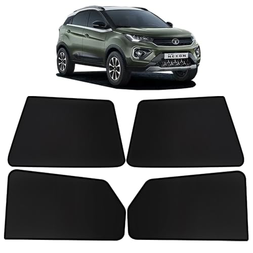 Image of OTO2EYE Car Sun Shade Compatible for Tata Nexon Model 2023 Onwards, Z-Black Fix Type Side Window Curtains, Only Half Cut in Front Window, 4 Pieces Set