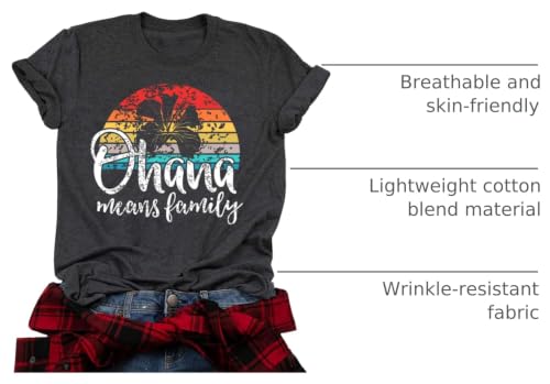 Image of Ohana Means Family Tshirt Women: Hawaii Tropical Graphic T-Shirt Summer Vacation Short Sleeve Tee Top