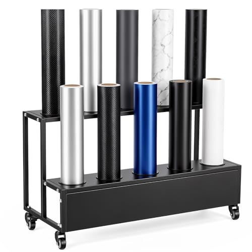 Image of 10 Rolls Large Vinyl Roll Holder Cart Heavy Duty Car Wrap Film Display Rack with Lockable Wheels Vinyl Roll Storage Organizer for Window Tint Wallpaper Textile Fabric Leather PVC Film