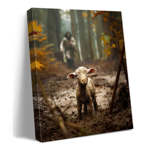 Religious wall decor for prayer room Christian wall art for Christmas decorations indoor Jesus and Lamb canvas wall prints Jesus Running After Lost Lamb Picture for home decor Baptism gifts for boys-girl serenity prayer wall art Christian gifts for Women christians pastor teachers Mothers A-333