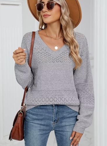 Image of JOCAFIYE Womens Sweaters Casual Long Sleeve V Neck Lightweight Hollow Out Pullover Sweater Tops