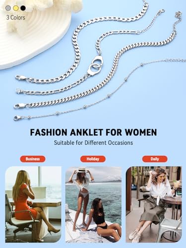 Image of FaithHeart Waterproof Ankle Bracelets for Women, 1 /2 /3Pcs Non Tarnish Stainless Steel Layered Anklet Set Paperclip Figaro Cuban Link Chain Dainty Summer Beach Jewelry Gift Adjustable Size