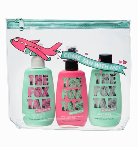 The Fox Tan - The Jet Setter - Set de 3 aceleradores de bronceado sin autobronceador para cuerpo y cara, set de bronceado con: Loción Rapid Elixir, Spray Rapid Mist, Spray Rapid Watermelon Shimmer