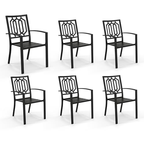 Image of PHI VILLA Stackable Patio Chairs, Set of 6, Wrought Iron & Alloy Steel | Black Stackable Wrought Iron Outside Dining Chairs, All Weather Heavy-Duty Furniture for Patio, Deck, Porch, Backyard