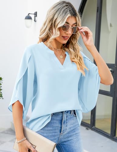 LUYAA Women's Casual Chiffon Blouse Tops 3/4 Ruffled Sleeve V Neck Loose Fit Blouses Shirts2