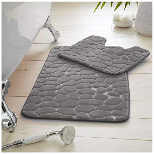 GC GAVENO CAVAILIA Premium 2 Piece Pebble Bath Mat Non Slip Pedestal Set, Extra Absorbent 100% Memory Foam Bathroom Toilet Rug, Regular (50x80, 50x40 cm), Grey