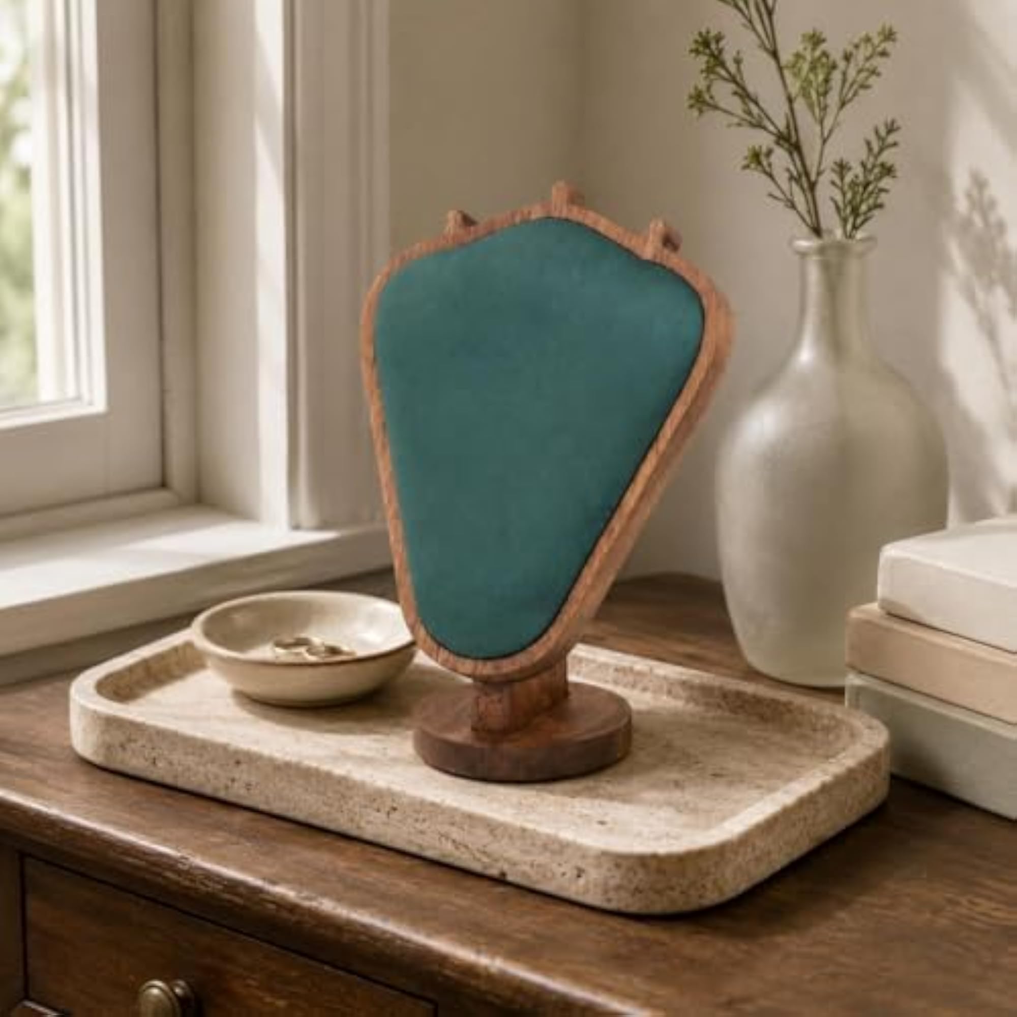 Walnut-Tone Wooden Necklace Display Stand Three Hooks