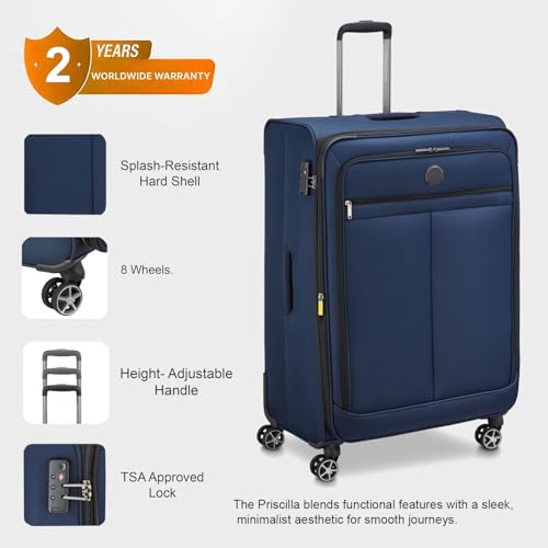 Image of DELSEY PARIS Priscilla 82 cms Large Check-in Polyester Soft Sided 8 Wheels and Expandable Spinner Suitcase /Trolley Bag for Travel with TSA Lock- Blue