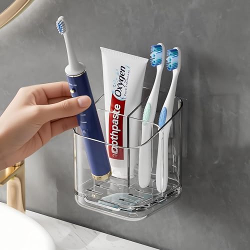 Toothbrush Holder for Bathrooms 3-Slot Detachable Electric Toothbrush Organizer with Divider Wall-Mounted Removable Tooth Brush and Toothpaste Holder Bathroom Kitchen or Office Storage Rack