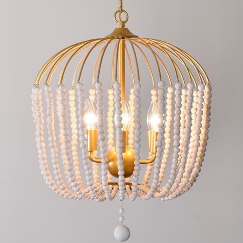 Topaluce 6-Light Boho Wood Beaded Chandelier Coastal Bohemia Gold Ceiling Light Fixture for Dining Room Living Room Bedroom Nursery Room