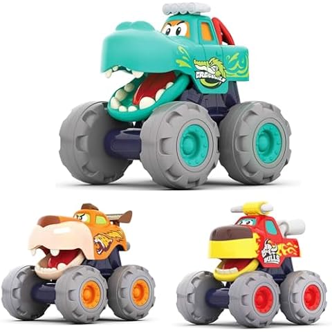 MOONTOY Toy Cars for 1 2 3 Year Old Boys, 3 Pack Friction Powered Cars Pull Back Toy Cars Set - Bull Truck, Leopard Truck, Crocodile Trucks, Push and Go Toy Cars for Toddler Boys Baby Gift. Cover