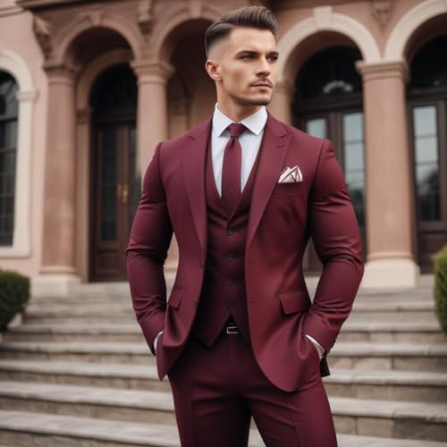 Generic Men's 3 Piece Suit Slim fit Burgundy Blazer Vest Pant Set Office Business Dress Code, Olive Green2