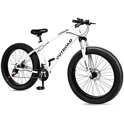 PanAme Mens Fat Tire Mountain Bike for Men Women 26 Inch, 21 Speed Shimano Drivetrain, 4 Inch Wide Tire, Steel Frame, Front and Rear Brakes, Multiple Color