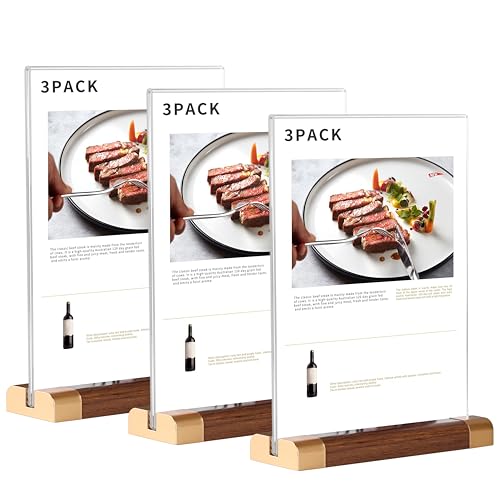 Acrylic Sign Holder 4"x 6" with Wood-Color Base, Mini Tabletop Do...