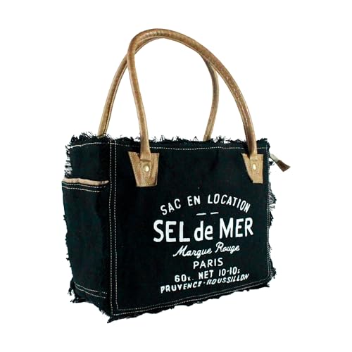 Sel de mer upcycled canvas hand bag upcycled canvas & cowhide tote bag (10X13 Inch) (Black)