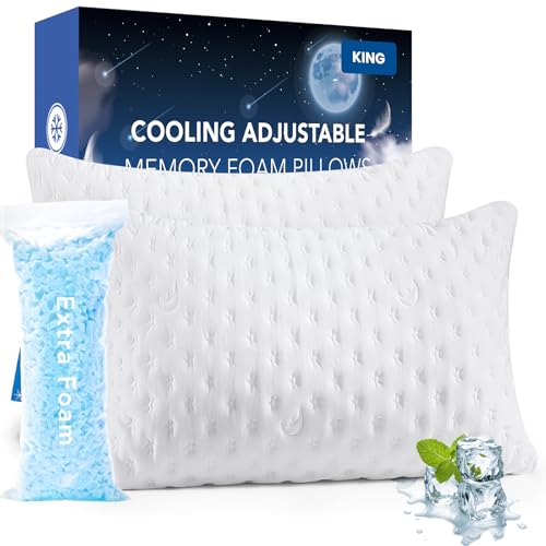 Cooling Side Sleeper Pillow for Neck and Shoulder Pain, Luxury Shredded Memory Foam Curved Bed Pillows for Sleeping Set of 2- Adjustable King Size- Washable Cover Crescent White