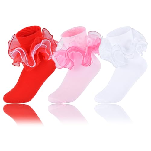 Image of Women Ruffle Socks with 4-Layer Big Frilly Lace Turn Cuff Dress Socks Adult Soft Cotton Fancy Frilly Sock (US, Alpha, One Size, Regular, Regular, 3 Pairs A)