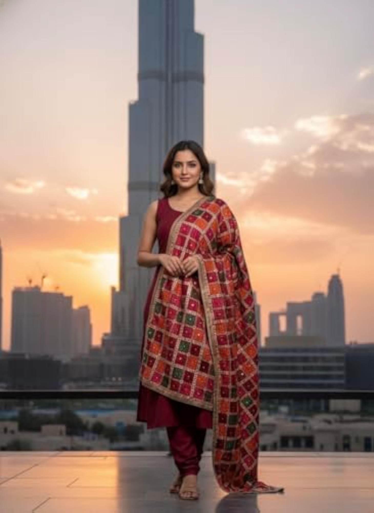Multicolored Phulkari Dupatta with Geometric Bagh Embroidery
