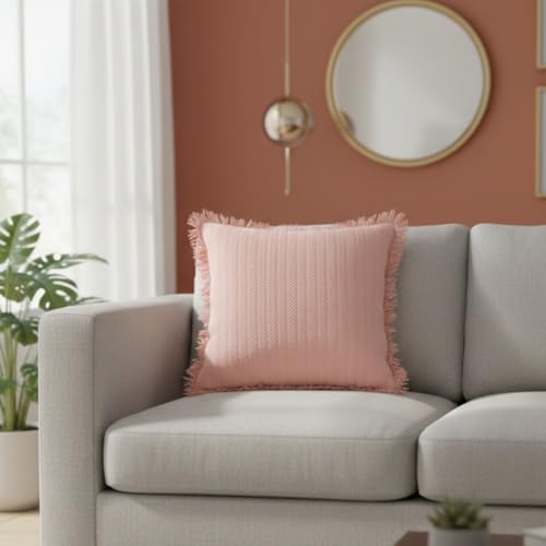 Image of Cotton Cushion Covers 16x16 Inch | Handwoven Pink Decorative Square Cushion Case with Fringe | Sofa, Living Room, Bedroom, Diwan Home Decor Throw Cushion Cover