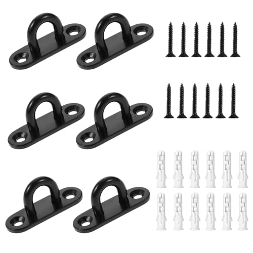KRENIE 6 Pack Pad Eye Plate Black Ceiling Hooks - Stainless Steel Eye Plate Metal Staple Ring Wall Mount Hook with Screws and Plastic Plugs for Hanging Plants, Lights Indoor Outdoor Use