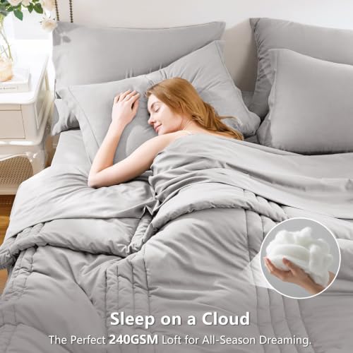 Image of CozyLux Queen Comforter Set French Grey - 7 Pieces Bed in a Bag, Modern Vertical Quilted Room Decor, Soft All-Season Bedding Gift with Comforter, Sheets, Pillowcases & Shams