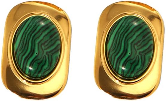 Malachite Square Stud Earrings Geometric Earrings Emerald Turquoise Cabochon Gemstones Earring Chunky Earrings Statement Stainless Steel Earrings Vintage Jewelry for Women