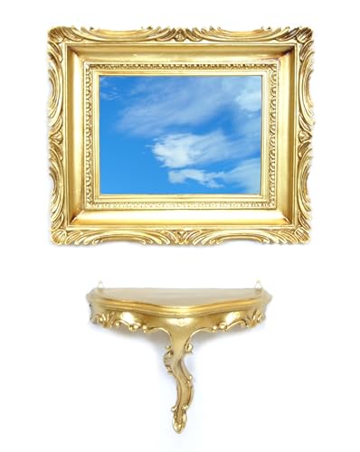 LIGUORO SHOP Specchio Rettangolare + Mensola In Stile Barocco Veneziano Finto Vintage Shabby Chic - Cornice cm 27x35 - Console cm 20x23x10 (Oro)