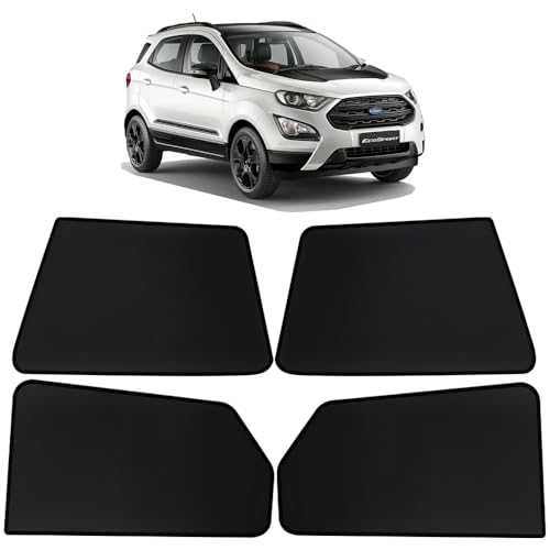 Image of OTO2EYE Car Sun Shade Compatible for Ford Ecosport Model-2017 to 2021, Z-Black Fix Type Side Window Curtains, Only Half Cut in Front Window, 4 Pieces Set