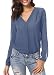 Womens V Neck Ruffled Shoulder Solid Chiffon Blouse (L, Greyish Blue)