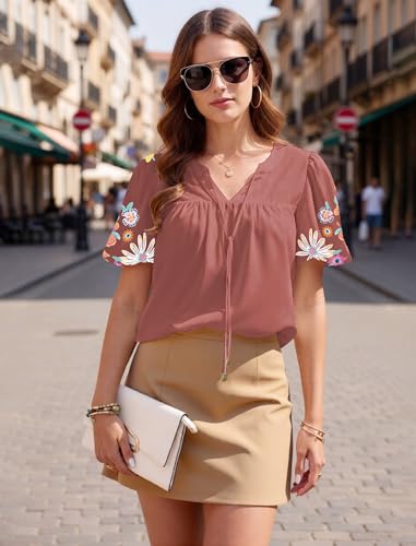 Soesdemo Womens Shirts Bohemian Short Sleeve V Neck Puff Sleeve Summer Peasant Blouses Loose Fit Tie Front Tops Salmon S — view 5