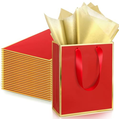Image of Yeaqee 24 Pack Metallic Paper Gift Bag with Tissue, Red Gold | with Satin Ribbon Handle and Tissue, 9x7x3.1 Inch, Suit Business, Birthday, Christmas, Thank You Return Gifts Bags