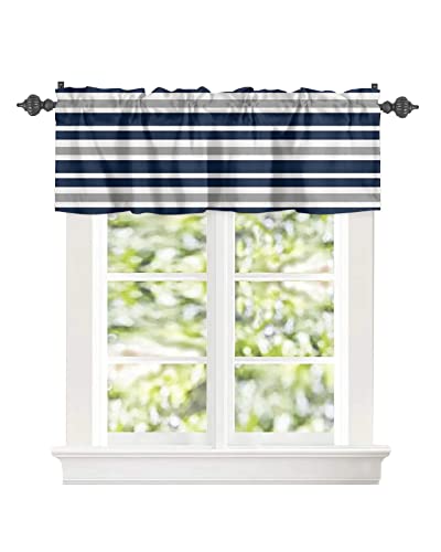 Onehoney Window Valances Kitchen Short Curtains, Navy Blue White Gray Stripes Rod Pocket Valance Drapes Decorative Window Treatment For Living Room Bedroom Bathroom Irregular Lines 54X18In #TOP1