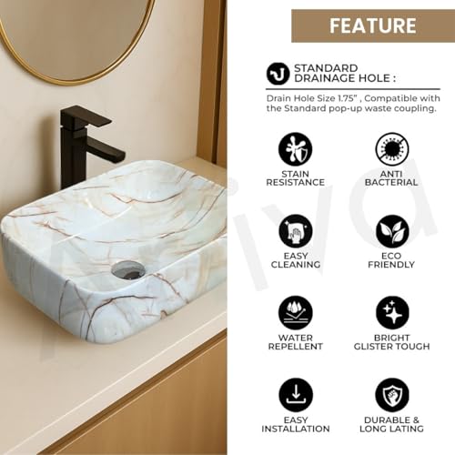 Image of Artiva Ceramic Wash Basin /Tabletop Washbasin For Bathroom,12 inchx16 inch /Small Countetop Bathroom Basin /Table Top Basin For Home,Office,Hotel /Rectangle Glossy Sink (Marbo-Beige,12x16 Inch)