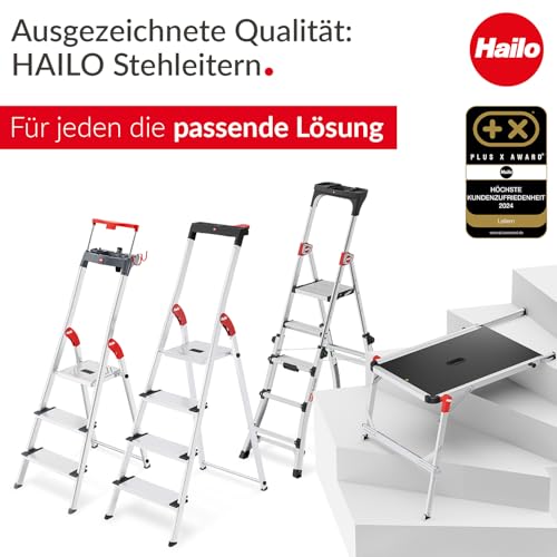Hailo Stehleiter L100 Topline im Set mit TP1 Treppenpodest - klappbare Aluleiter mit 4 XXL-Sicherheits-Stufen - Arbeitsplattform mit stabilem Rahmen aus Aluminium - belastbar bis 150 kg