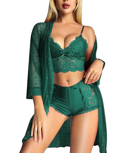 RSLOVE Sexy Lingerie for Women Sets - Lace Bra and Panty Set with Mesh Robe 3 Piece Babydoll Nightwear Green S