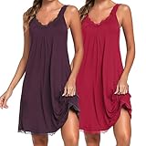 Uniexcosm Nachthemd Damen Ärmelloses Kurz Baumwolle Nachtkleid Spitze V-Ausschnitt Nachtwäsche Sexy rutschfeste Schultergurte Freizeitkleid Sleepwear Dunkelfuchsia+Weinrot XL