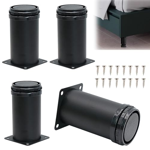 Mudoulu 4 Piezas Patas para Muebles 10 cm, Patas de Metal Ajustables Negras con Base Antideslizante, Pies Resistentes para Sofás, Armarios, Mesas, Sillas y Cajones