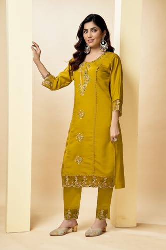 Image of Multi Embroid Kurta Set with Dupatta | Roman Silk Embroidered Kurta Set for Women | Women's Ethnic Casual Kurti Set |Kurta Pant Festive Suit