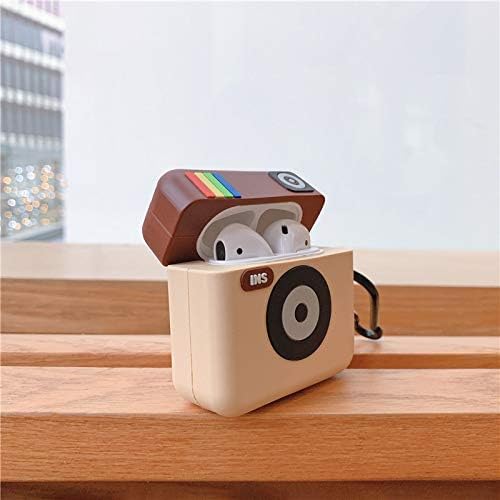 Image of Prolet Designed for AirPods 1 /2 Case Cute Instagram Fashion Character Silicone Case Cover for Airpods 1 /2 Protective Skin with Keychain(Instagram)-Cream & Brown