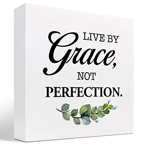 z-Crange Live By Grace Not Perfection Rustic Wood Box Decor, Desk Sign, Prayer Religious Christian Wooden Box Block Sign for Christian Home Office Shelf Table Decor